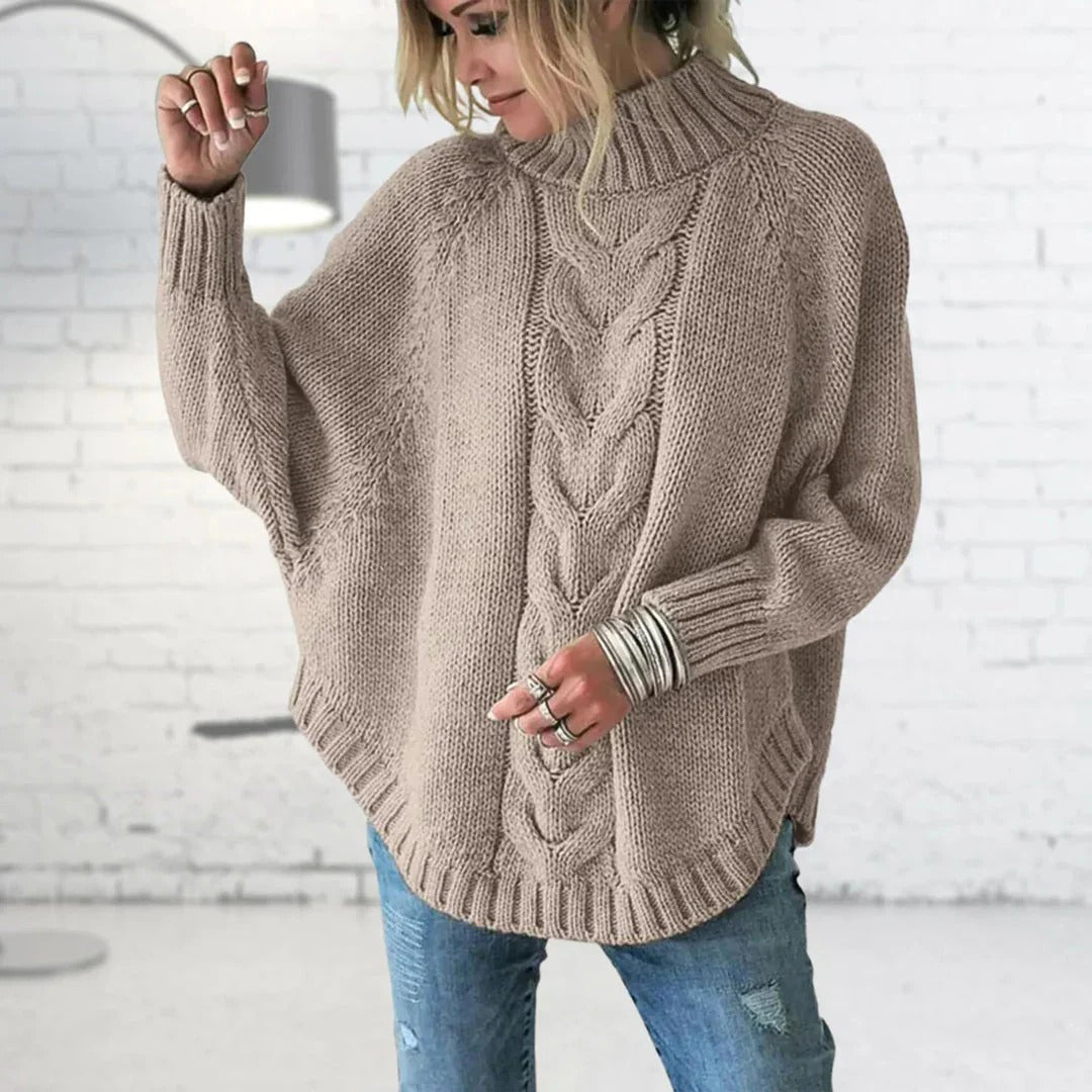 Women's Sweater – Wool – Oversized Fit – Roll Neck – Batwing Sleeves – Cable Knit