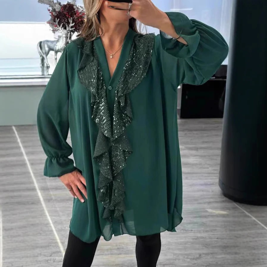 Women's Blouse – Transparent Fabric – Relaxed Fit – Long Sleeves – Ruffle with Glitter