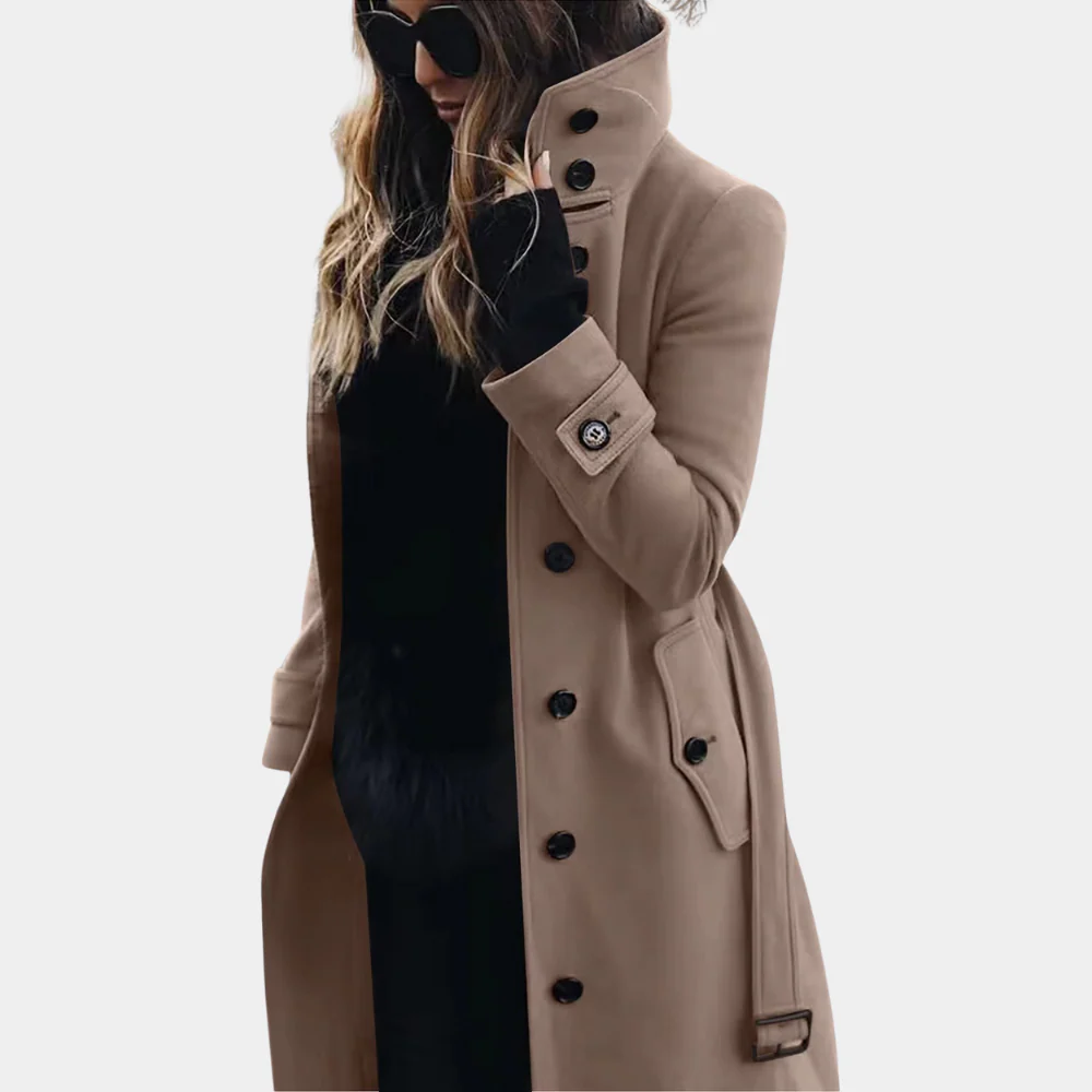 Women's Trench Coat – Tailored Fit – Wool Texture – Full Length – Belt at Waist