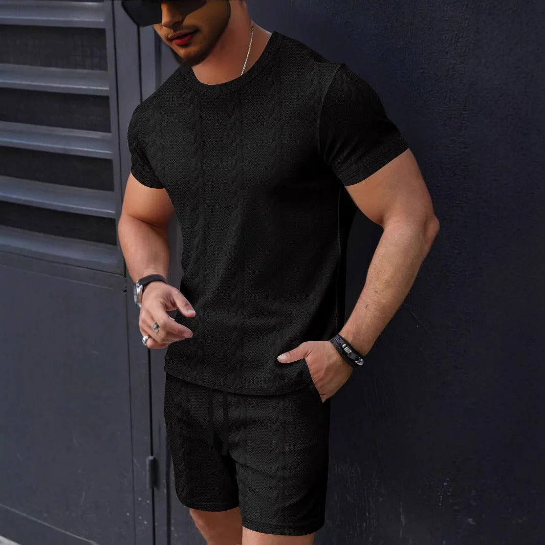 Men's Set with T-shirt and Shorts – Textured Knit – Regular Fit – Drawstring Waist