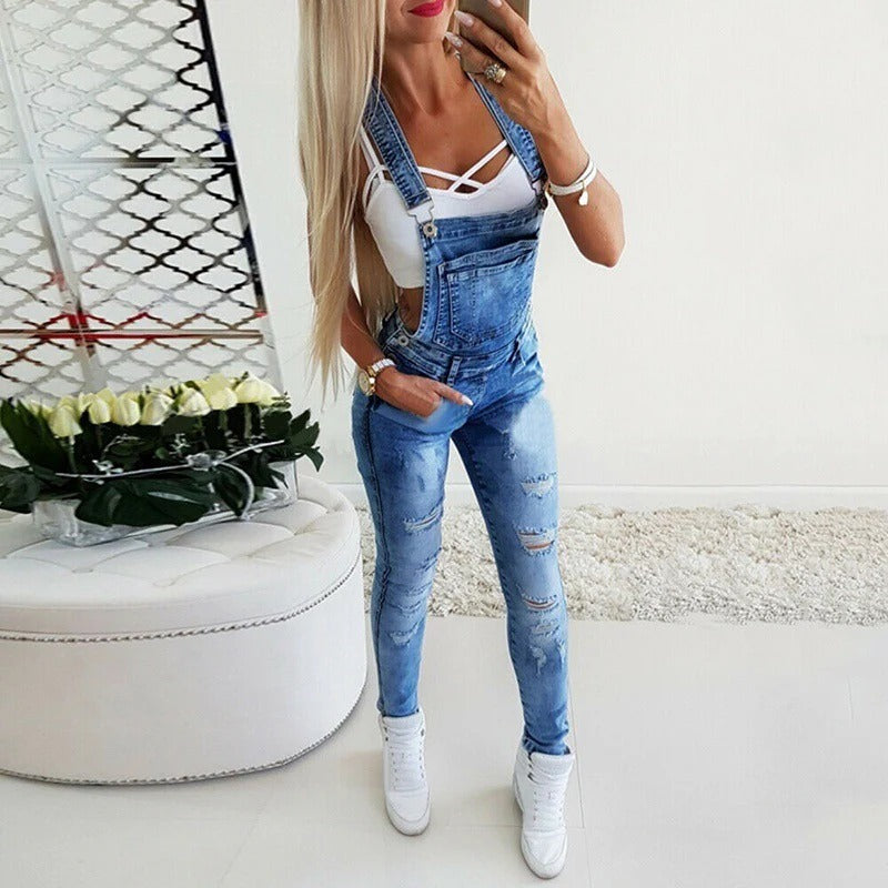 Women's Overalls – Slim Fit – Adjustable Straps – Distressed Denim Style