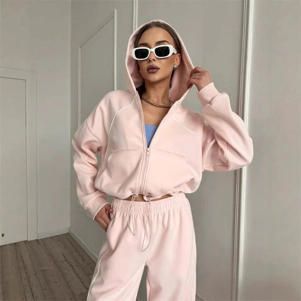 Women's Set with Hoodie and Pants – Oversized – Zipper – Wide Legs – Cotton Feel