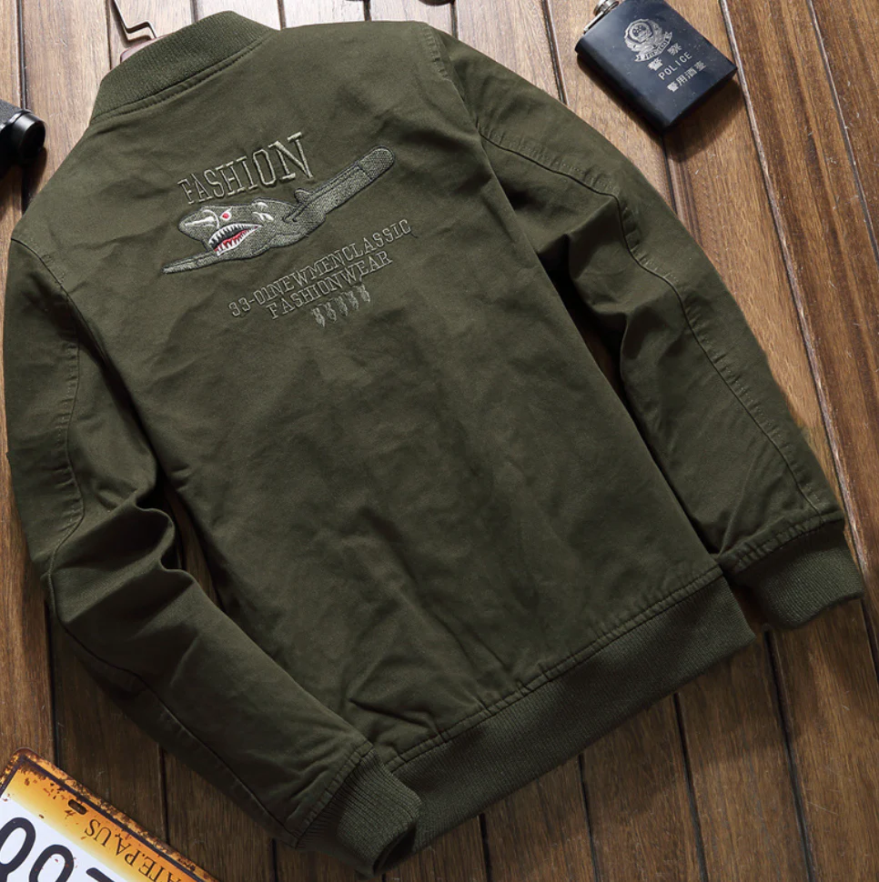 Men's Military Jacket – Structured Fit – Embroidered Details – Zipper Closure