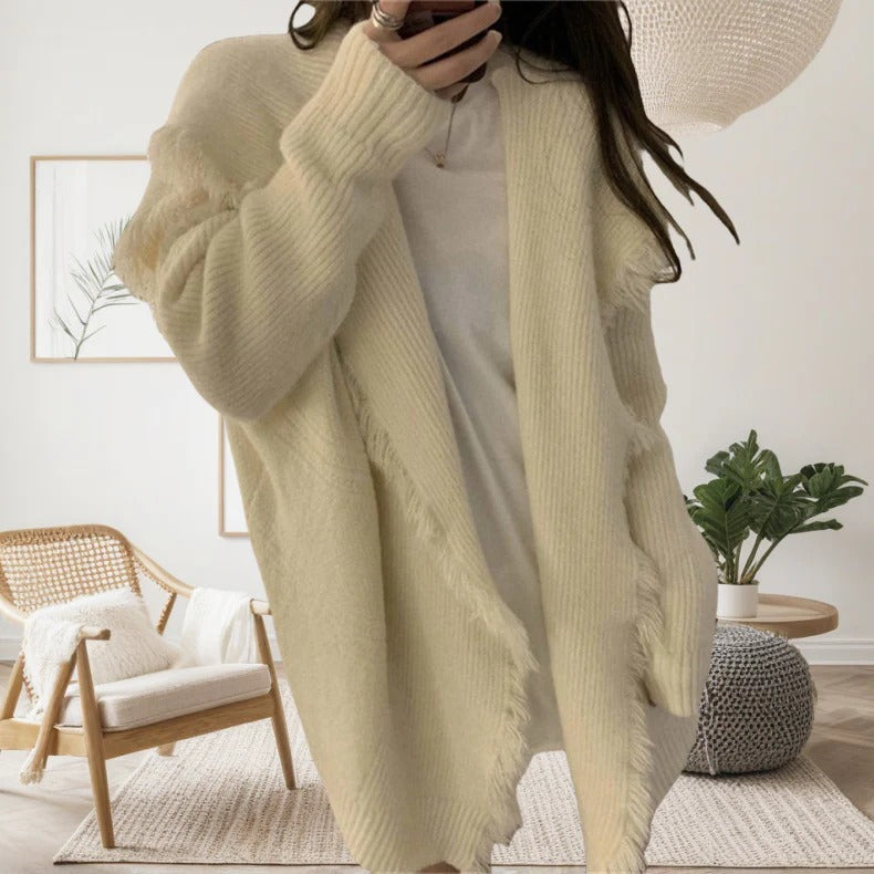 Women's Cardigan – Knitted Material – Oversized Fit – Fringed Edges – Open Front