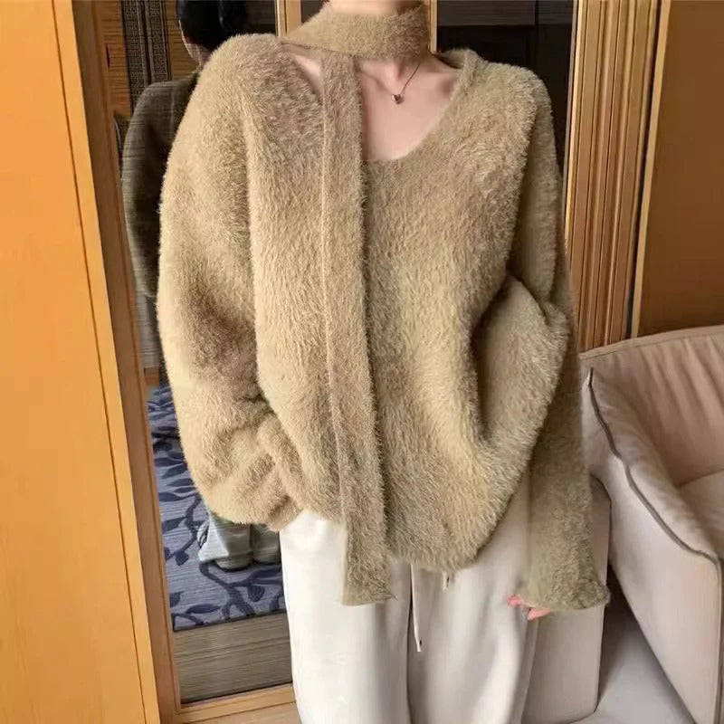 Women's Sweater – Oversized Fit – Wool Knit – Deep V-neck – Ribbon Detail