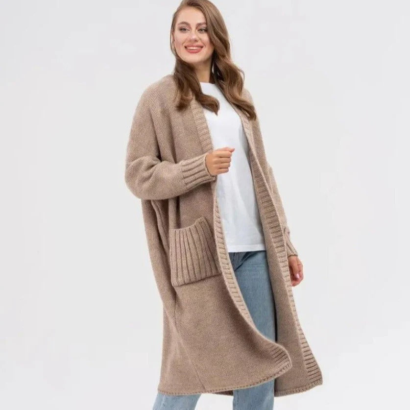 Women's Cardigan – Knitted Wool Feel – Oversized Fit – Long with Large Pockets