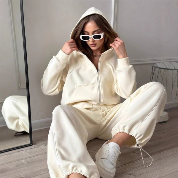 Women's Set with Hoodie and Pants – Oversized – Zipper – Wide Legs – Cotton Feel