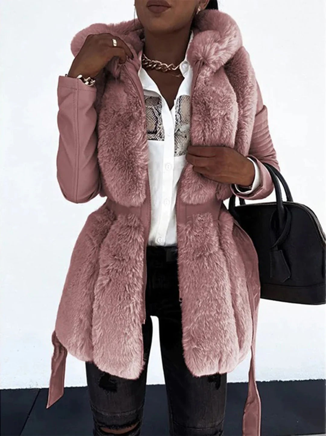 Women's Jacket – Tailored Fit – Belt at the Waist – Faux Fur and Quilted Sleeves