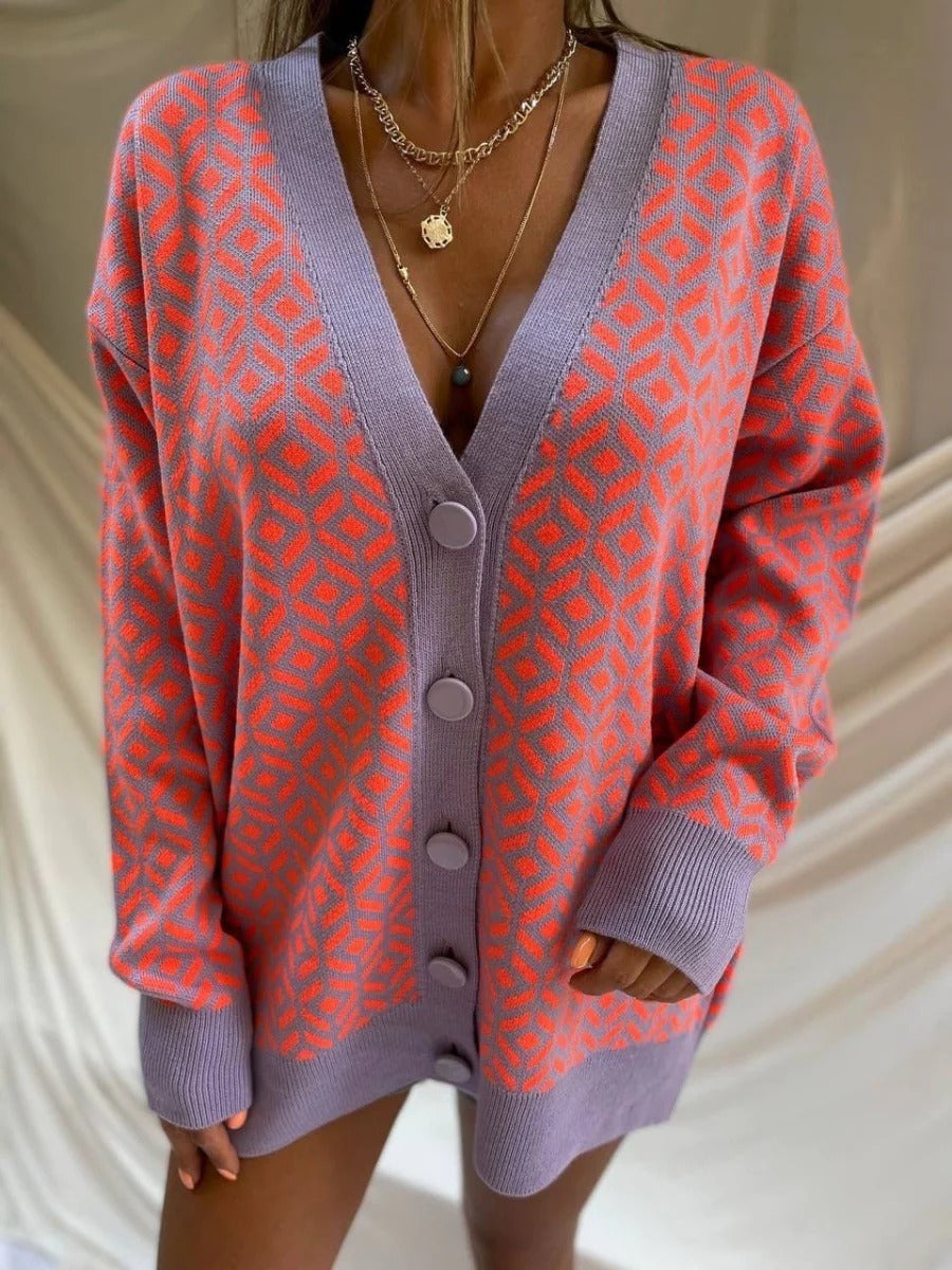 Women's Cardigan Knitted – Oversized Fit – Wool Blend – V-neck – Geometric Pattern