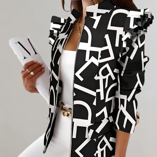 Women's Jacket – Tailored Fit – Check Pattern – Ruffled Shoulders – Stand Collar