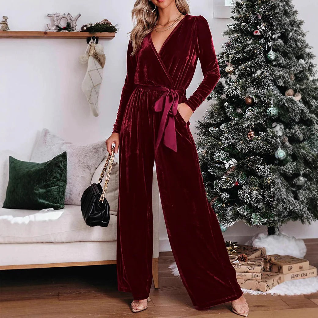 Women's jumpsuit – tailored fit – velour – V-neck – long sleeves – wide legs