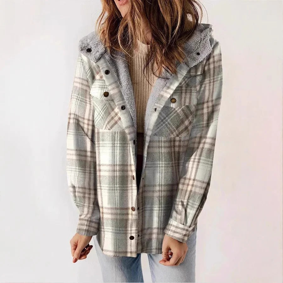 Women's Shirt – Plaid Fleece Lining – Relaxed Fit – Hood – Button Front