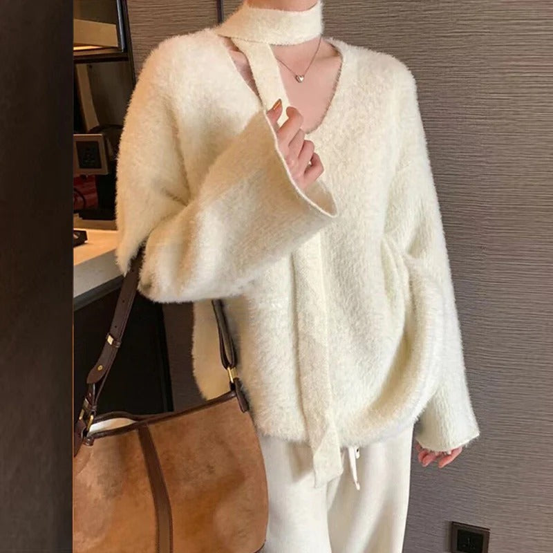 Women's Sweater – Oversized Fit – Wool Knit – Deep V-neck – Ribbon Detail
