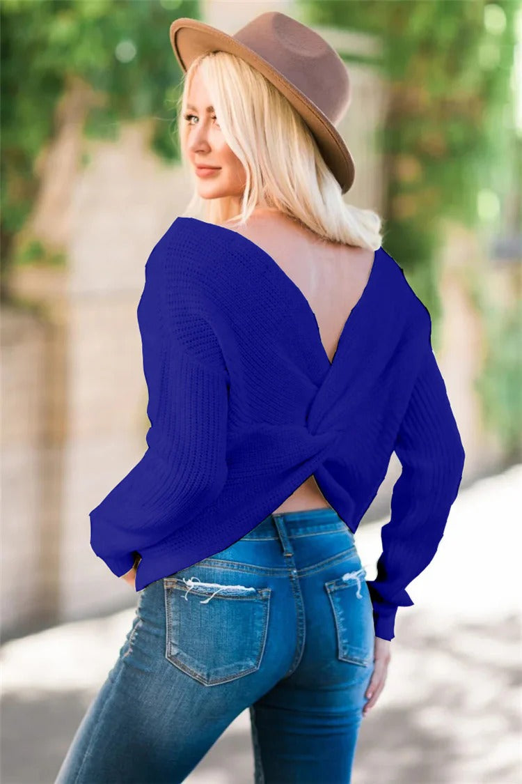 Women's Sweater – Relaxed Fit – Wool Blend – Open Back with Twist – Long Sleeves