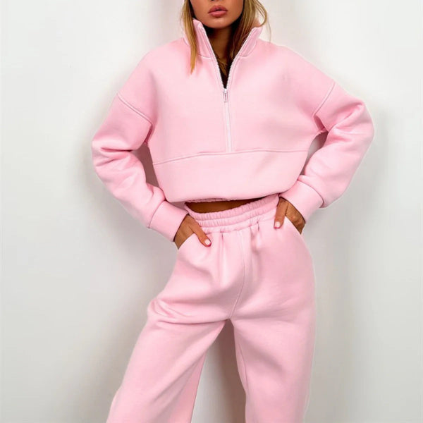 Women's Tracksuit – Relaxed Fit – High Neck Zipper – Elastic Waist – Cotton Blend