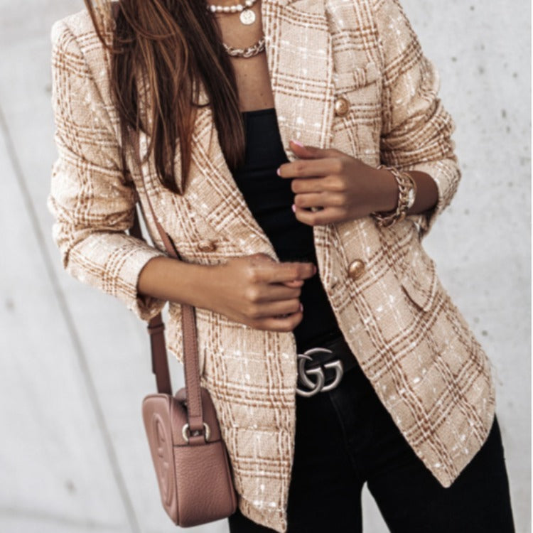 Women's Blazer – Tailored Fit – Double-Breasted – Woven Pattern – Puff Shoulders