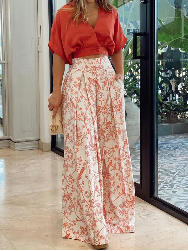 Women's Set – Relaxed Top with Dolman Sleeves – High-Waisted Wide Pants – Breathable Fabric