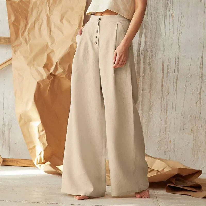 Women's Trousers with Wide Legs – High Waist – Button Closure – Linen and Cotton Blend – Relaxed Fit