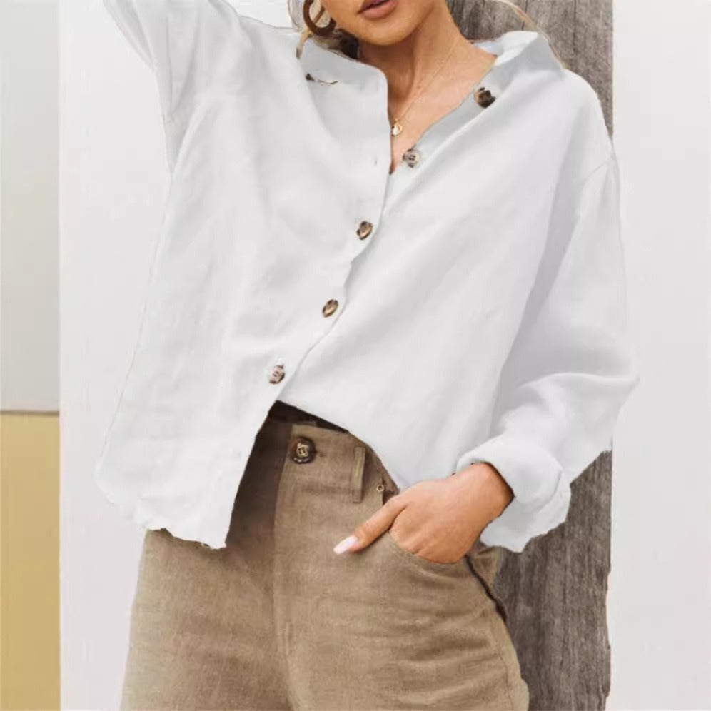 Women's Shirt – Loose Fit – Cotton Linen – Long Sleeve – Buttons – Collar