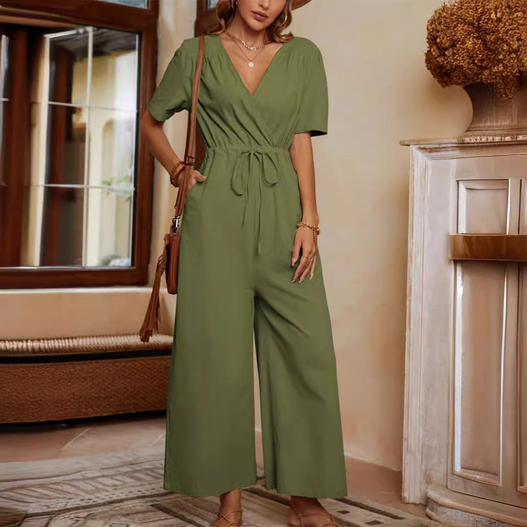 Women's jumpsuit – Linen cotton – V-neck – Waist tie – Wide leg – Short-sleeved