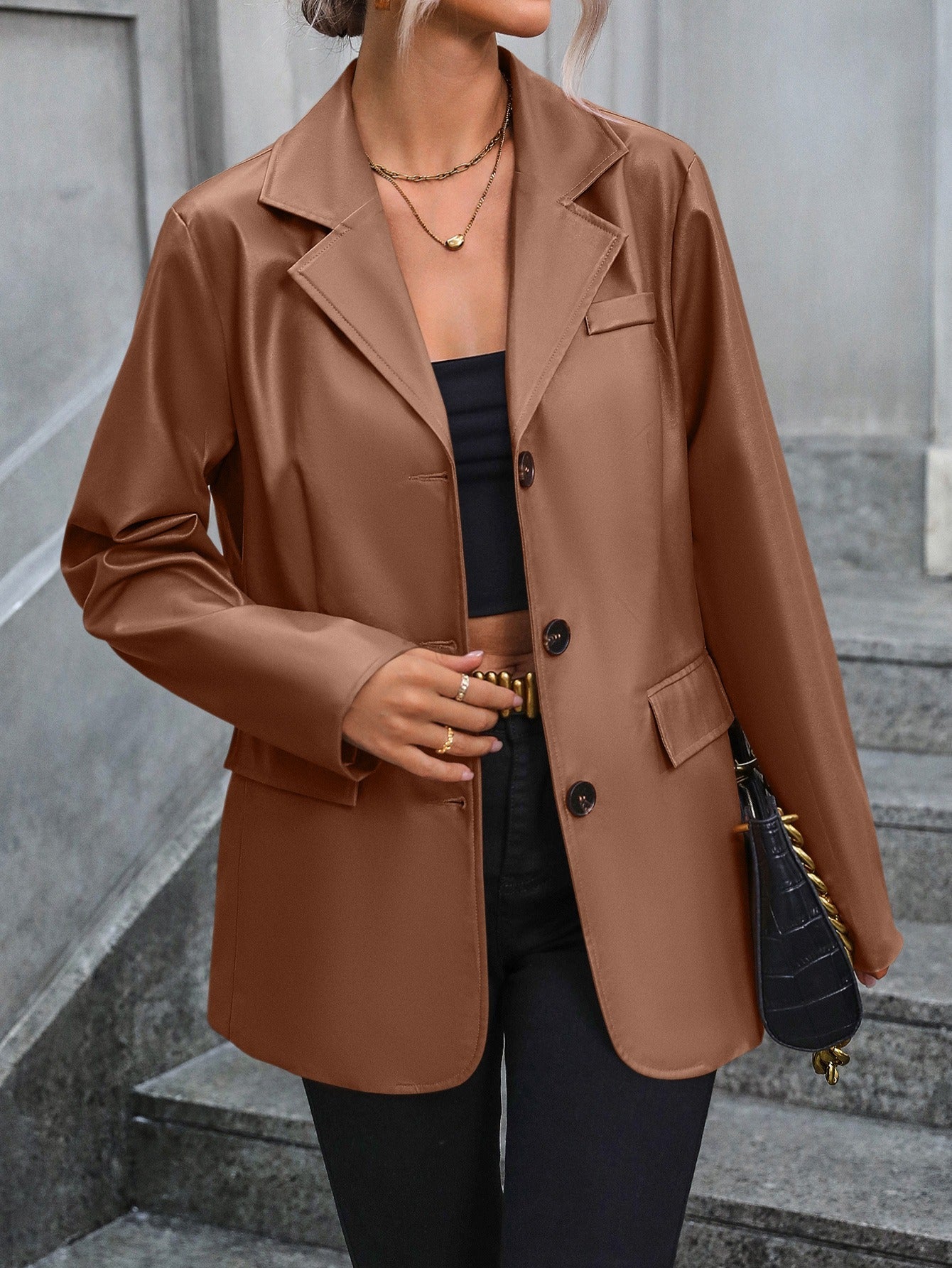 Women's Blazer – Tailored Fit – PU Leather – Single-Breasted – Classic Lapel