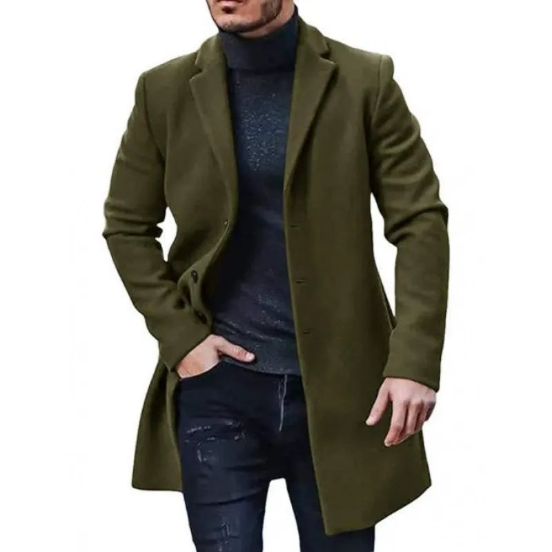 Men's Coat – Wool Blend – Tailored Fit – Mid-Length – Button Closure – Lapels
