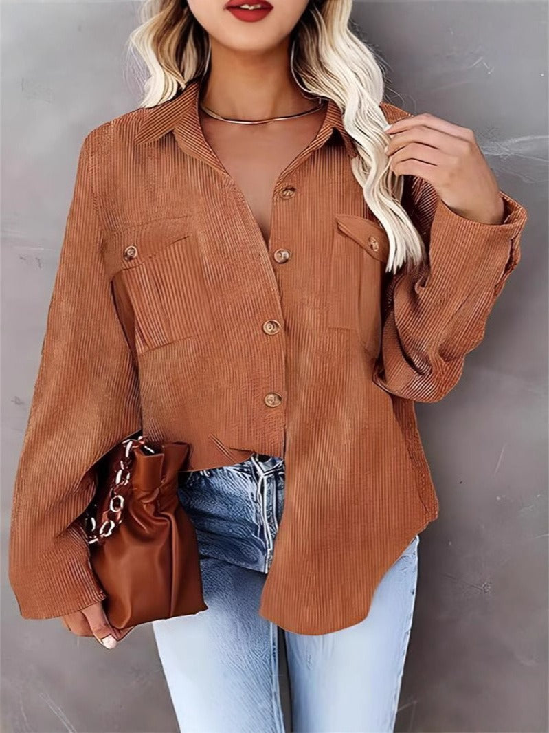 Women's Coat – Corduroy – Loose Fit – Long Sleeved – Button Closure – Hip Length