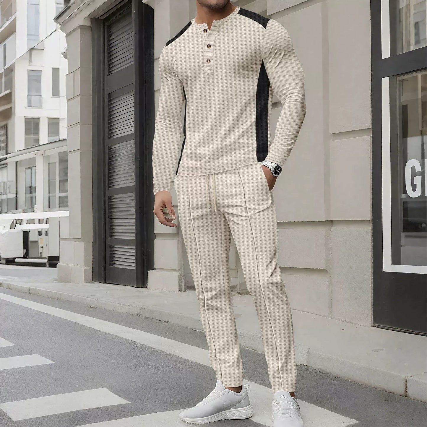 Men's Set with Henley Sweater and Pants – Slim Fit – Waffle Texture – Button Neck