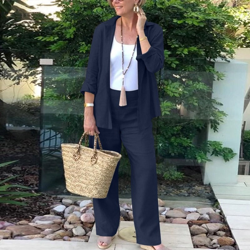Women's Set with Shirt and Pants – Linen Blend – Relaxed Fit – Wide Leg – Open Front