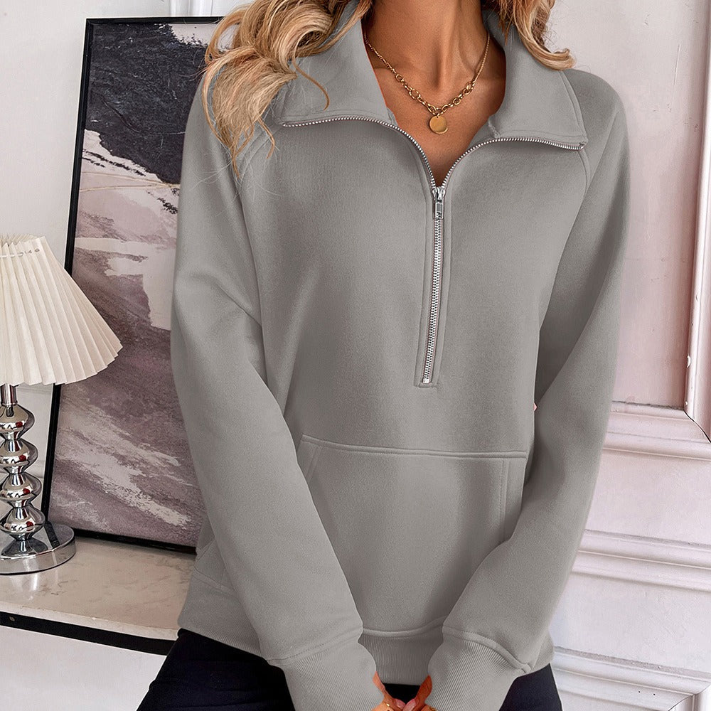 Women's Sweater – Relaxed Fit – Cotton Blend – Half Zip High Collar – Kangaroo Pocket