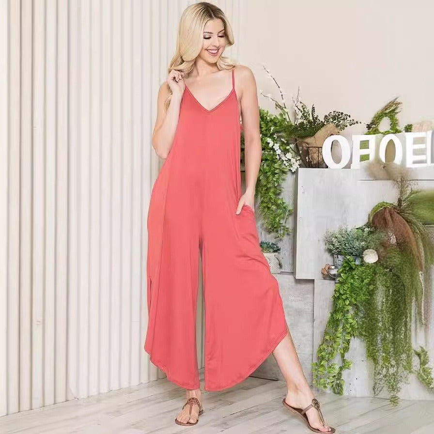 Women's jumpsuit – cotton blend – loose fit – sleeveless V-neck – wide legs – pockets
