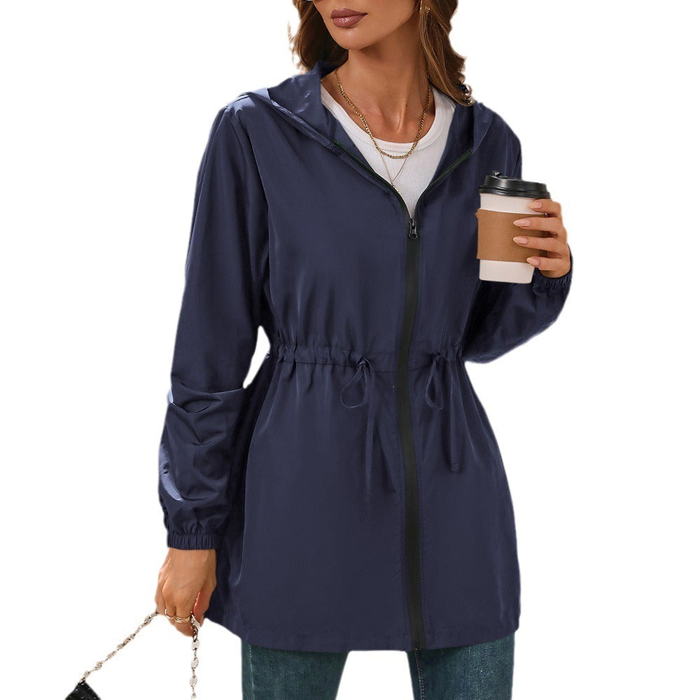 Women's Rain Jacket – Water-Repellent Lightweight Fabric – Adjustable Waist – Hood – Zipper