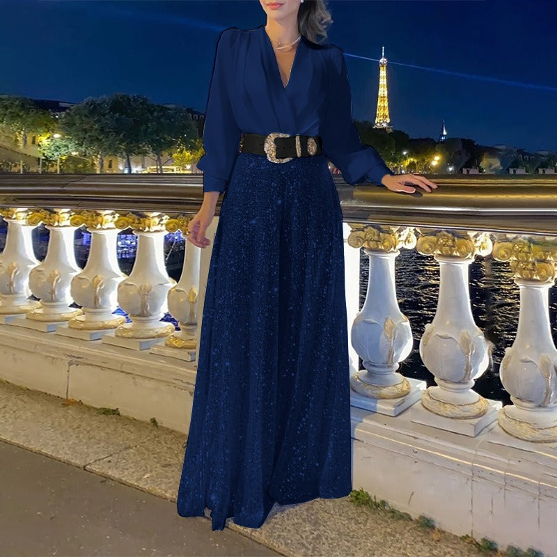 Dress woman – V-neck – Long sleeves – Fitted fit – Glittering maxi length
