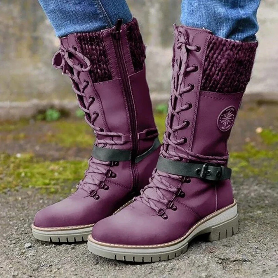 Women's High Boots – Front Lacing – Zipper – Wool Cuff – Buckle Details
