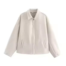 Women's Jacket – Wool Blend – Loose Fit – Zipper – Lapel Collar – Casual Style