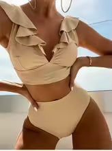 Women's Bikini Set – Ruffled V-neck – High Waist – Breathable Elastic Fabric