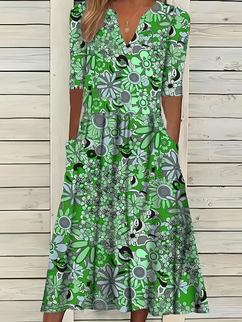 Women's Dress Maxi – Flared Fit – V-Neck – Short Sleeve – Floral Print – Airy Fabric