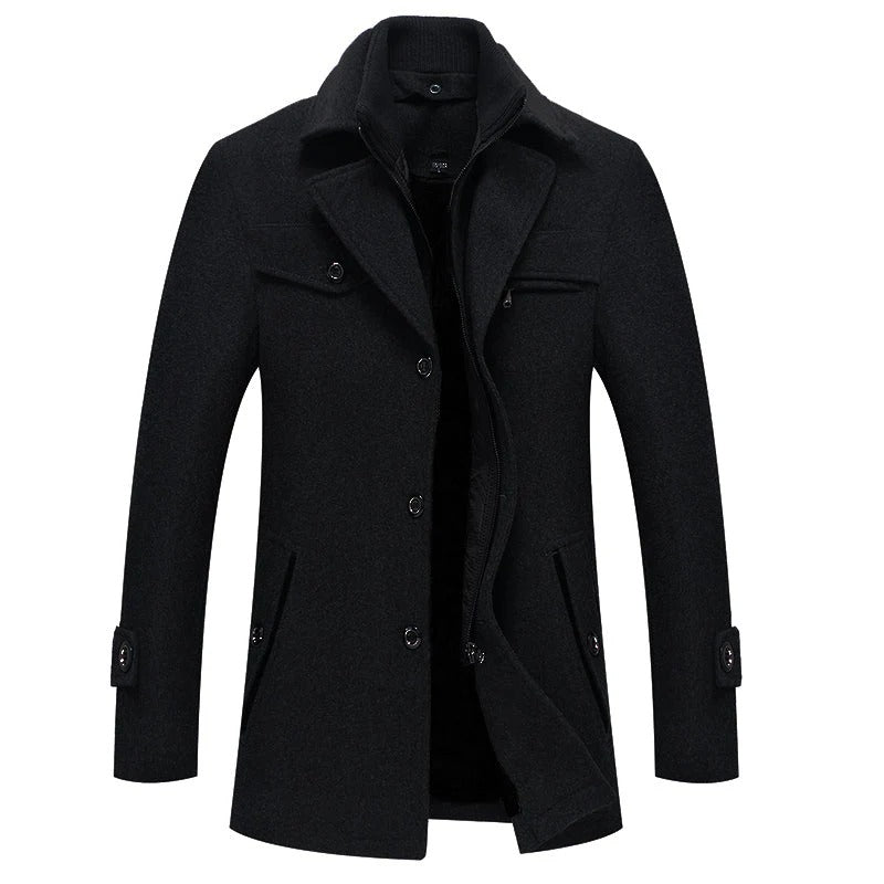 Men's Coat – Wool Blend – Tailored Fit – High Collar – Knee Length