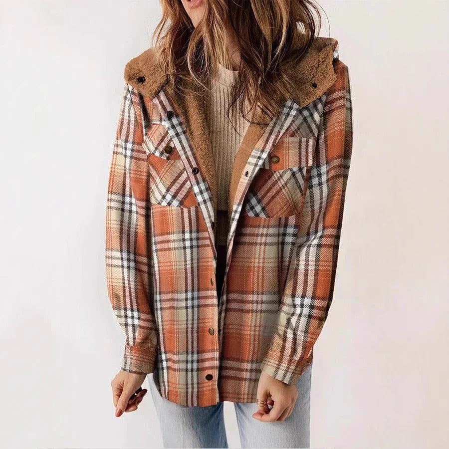 Women's Shirt – Plaid Fleece Lining – Relaxed Fit – Hood – Button Front
