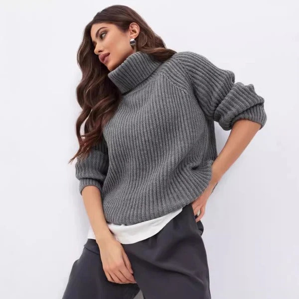 Women's Sweater – Relaxed Fit – High Turtleneck – Ribbed Wool Blend