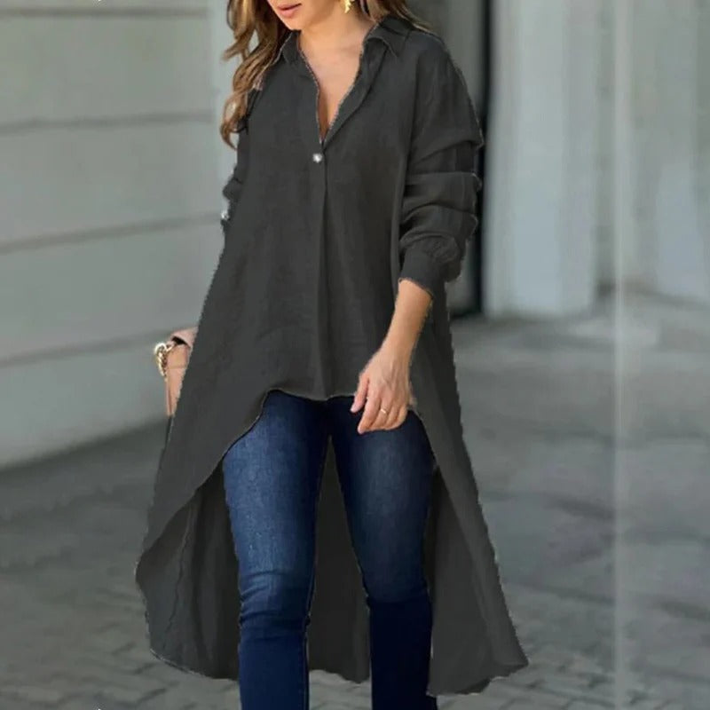 Women's Blouse – Relaxed Fit – Long Sleeve – High-Low Hem – Soft Cotton Blend