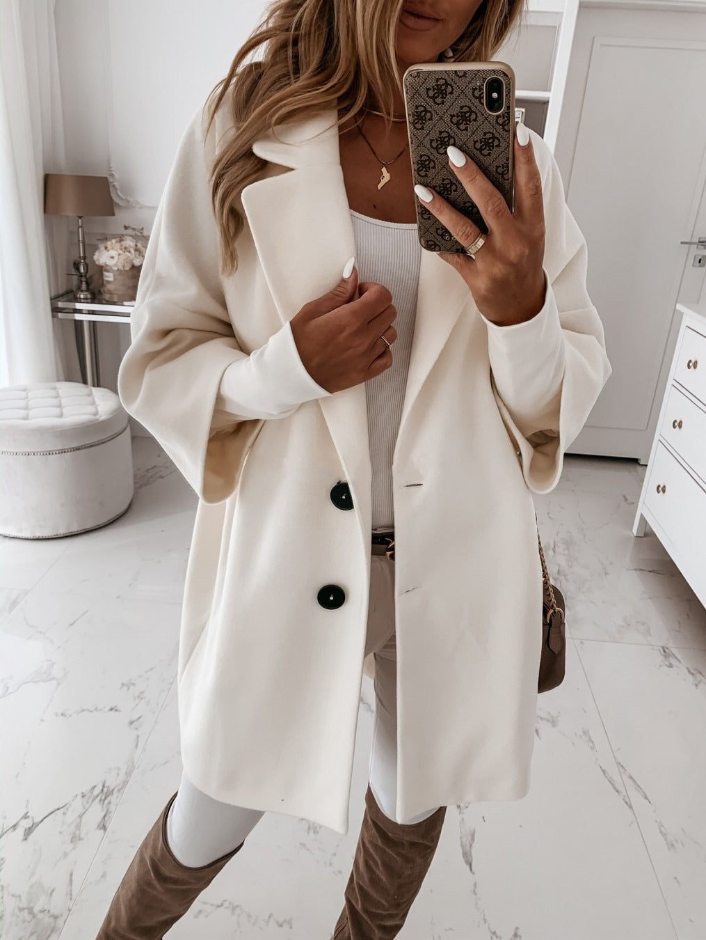 Women's Coat – Wool – Oversized Fit – Three-Part Sleeve – Buttons – Classic Collar