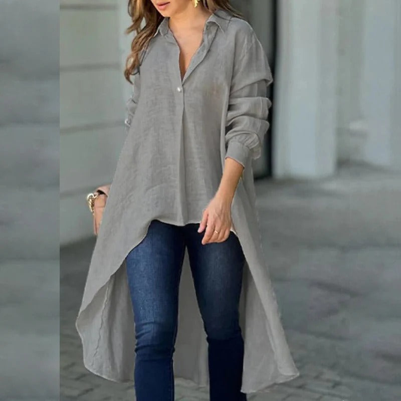 Women's Blouse – Relaxed Fit – Long Sleeve – High-Low Hem – Soft Cotton Blend