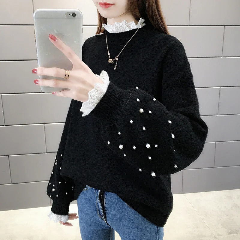 Women's Sweater Knitted – Wool Blend – Relaxed Fit – Pearl Details – Puffed Sleeves