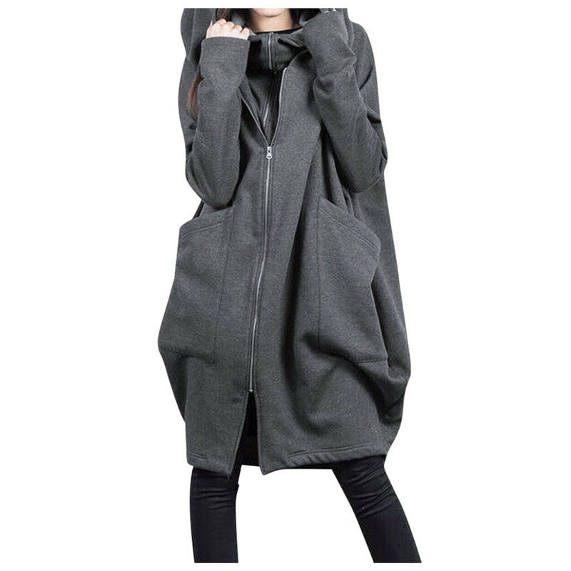 Women's Coat in Mid-Length – Oversized Fit – Hood – Zipper – Large Pockets