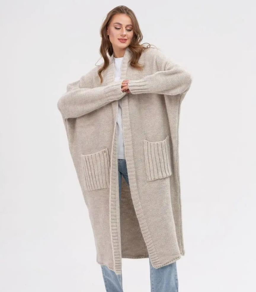 Women's Cardigan – Knitted Wool Feel – Oversized Fit – Long with Large Pockets