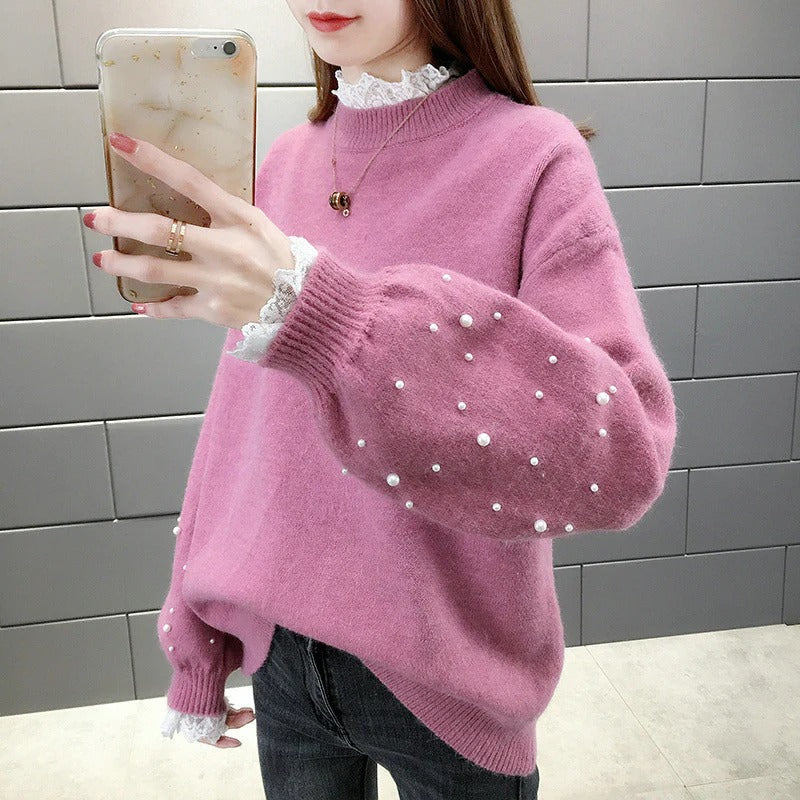 Women's Sweater Knitted – Wool Blend – Relaxed Fit – Pearl Details – Puffed Sleeves
