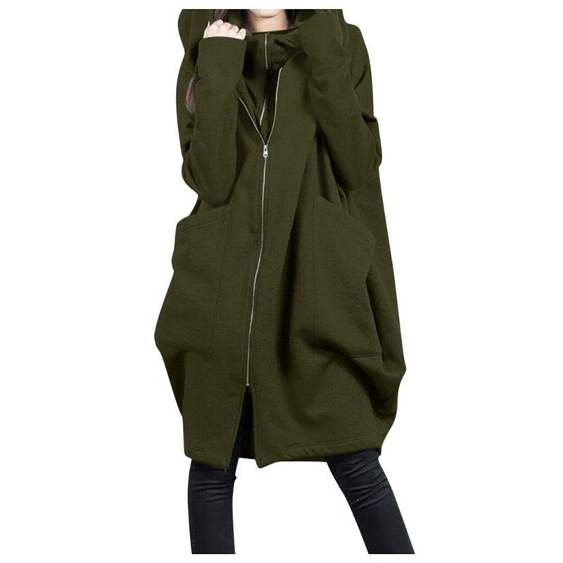 Women's Coat in Mid-Length – Oversized Fit – Hood – Zipper – Large Pockets