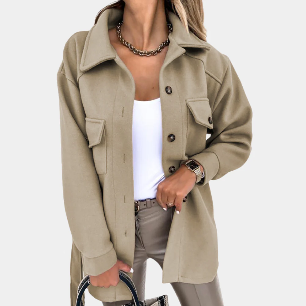 Women's Long Coat – Relaxed Fit – Lightweight Material – Buttons – Chest Pockets