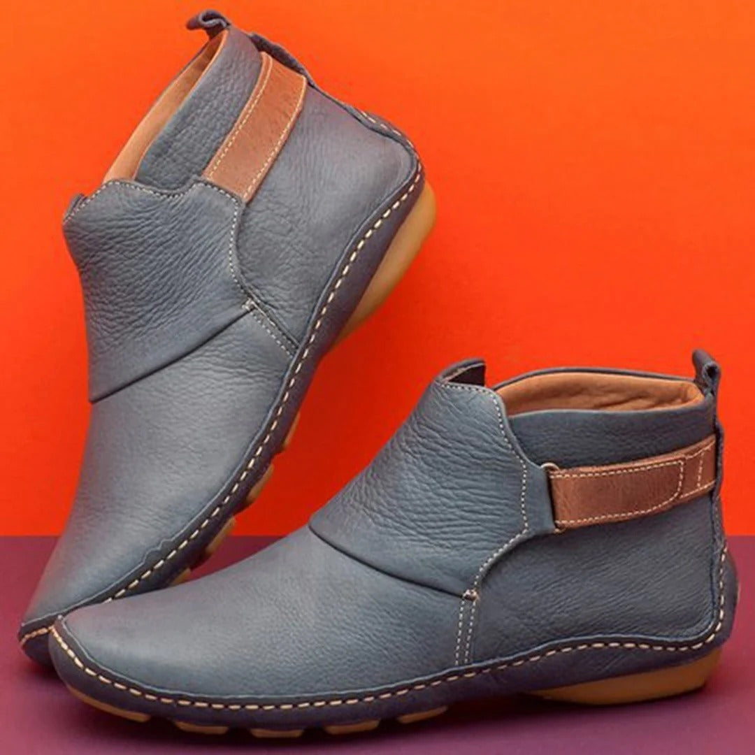 Women's Ankle Boots – Leather – Round Toe – Strap Detail – Breathable Comfort Fit